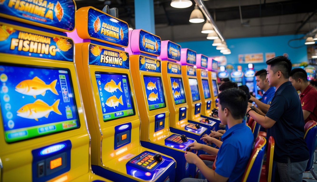 Sebuah arcade memancing Indonesia yang ramai dengan mesin permainan berwarna-warni dan pemain yang membidik target ikan virtual