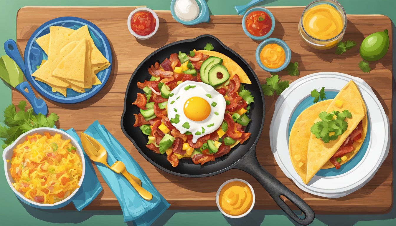 A sizzling skillet holds a freshly made breakfast taco, filled with fluffy eggs, crispy bacon, and melted cheese, surrounded by colorful salsa and vibrant garnishes