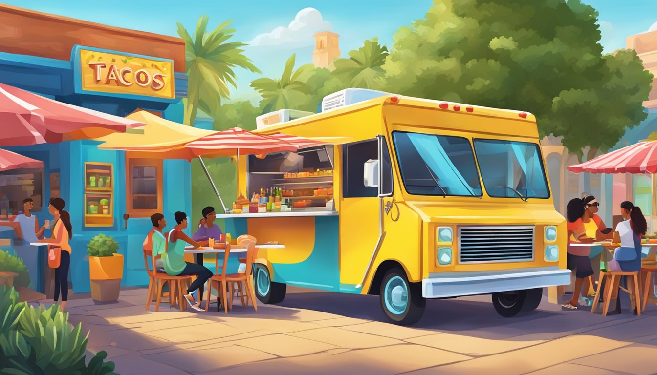 A bustling food truck with a colorful, inviting exterior serves up delicious tacos and margaritas, surrounded by happy customers and a lively atmosphere