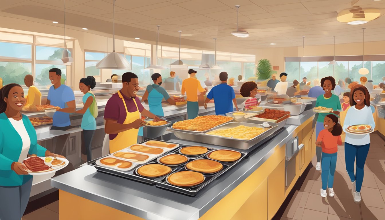 A bustling breakfast buffet at Golden Corral, with steaming trays of pancakes, waffles, bacon, and eggs, surrounded by families enjoying their morning meal