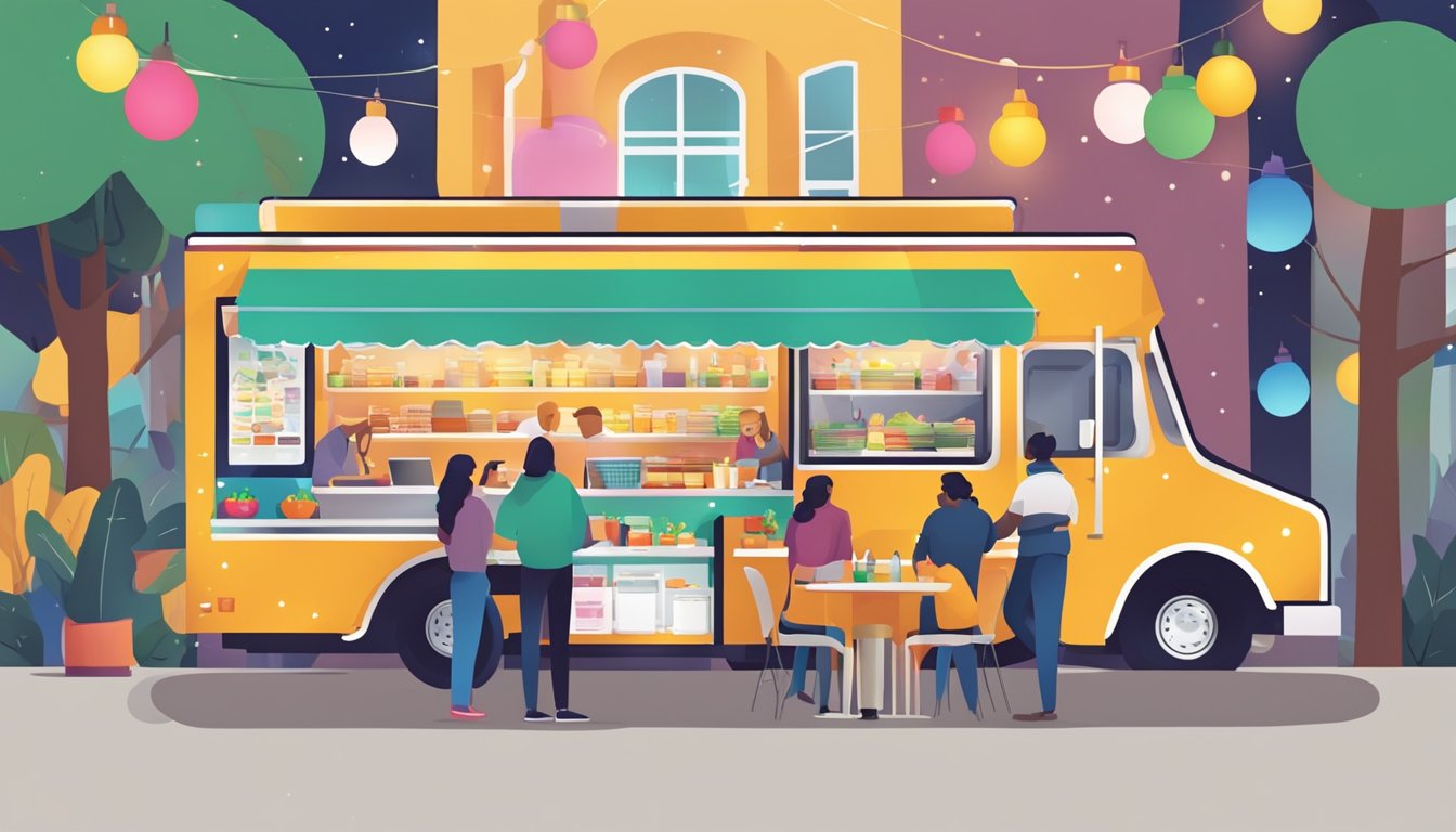 A bustling food truck with a colorful logo and a line of customers, surrounded by festive lights and outdoor seating