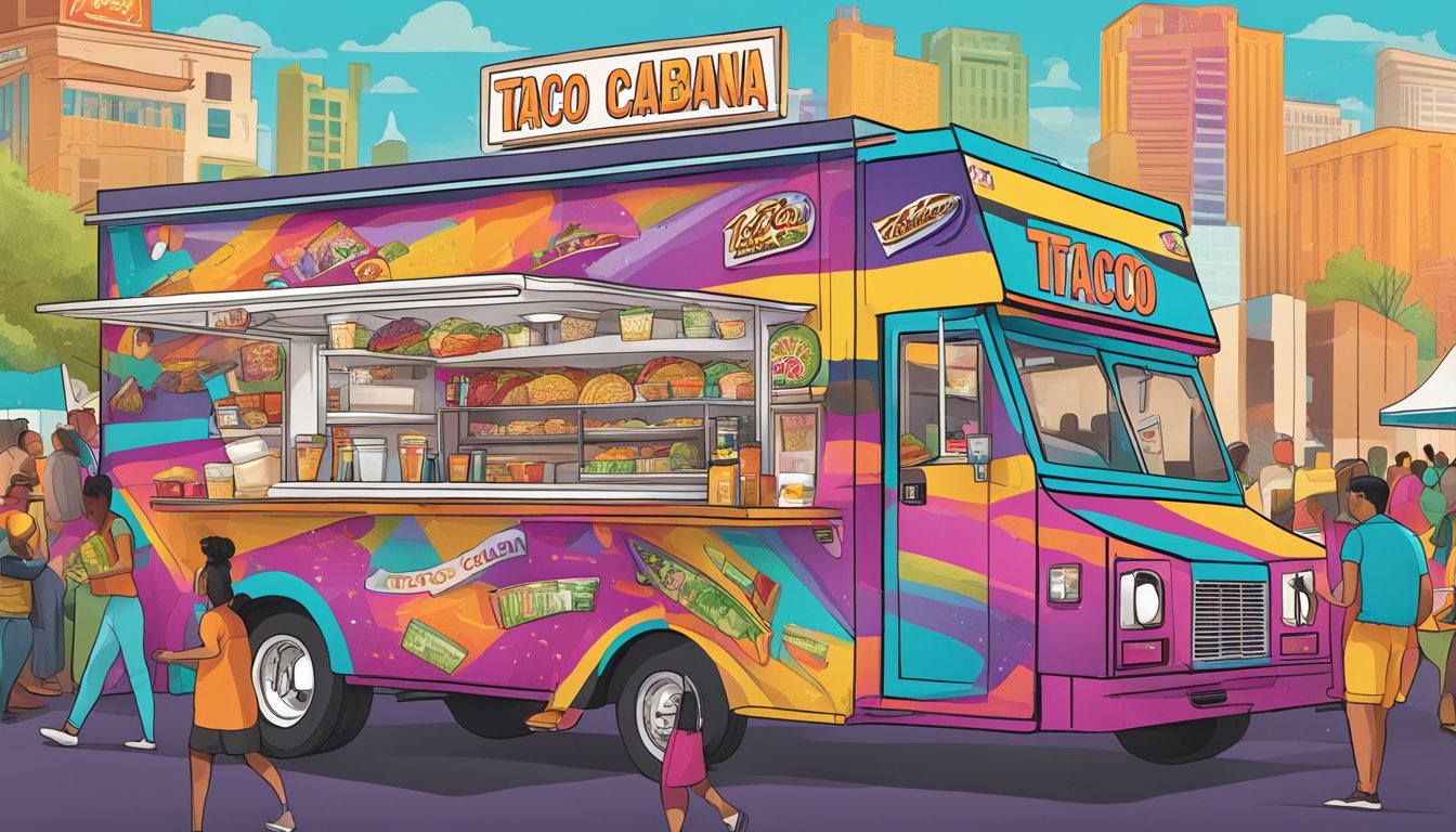 A vibrant food truck surrounded by bustling customers, with a colorful logo and menu displayed, representing the transformation of Taco Cabana into a successful franchise