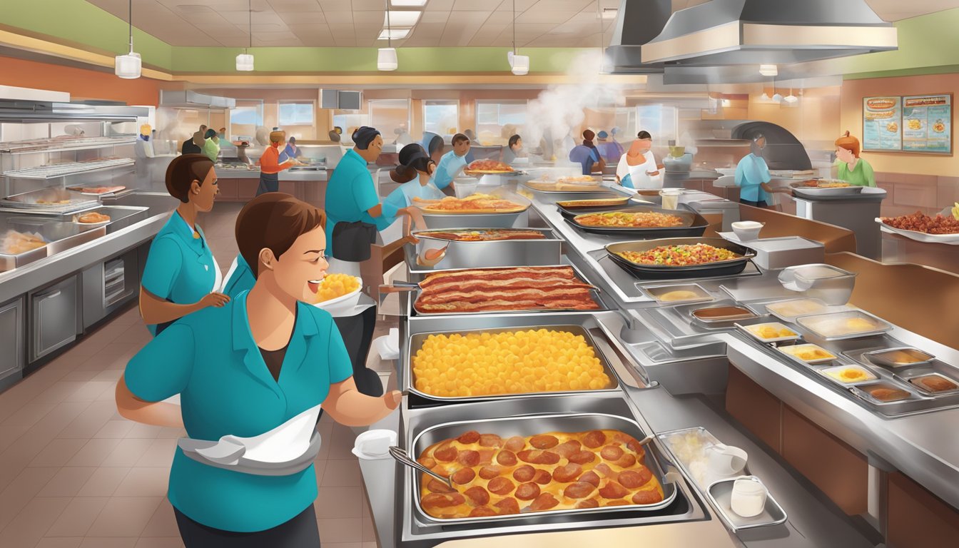 A bustling breakfast buffet at Golden Corral, with steam rising from trays of bacon and eggs, and staff replenishing the spread with fresh, hot dishes