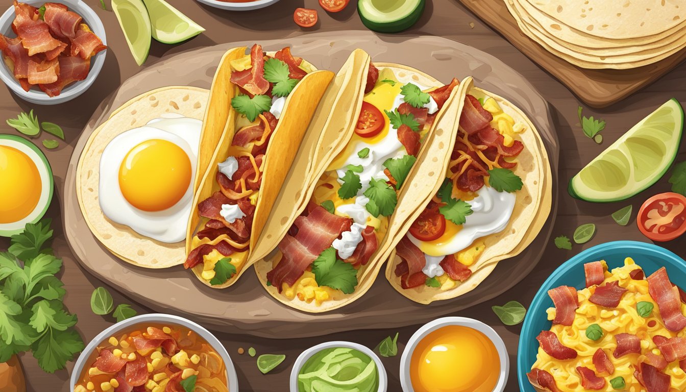 A sizzling breakfast taco with eggs, cheese, and bacon on a warm tortilla, surrounded by a vibrant assortment of fresh ingredients