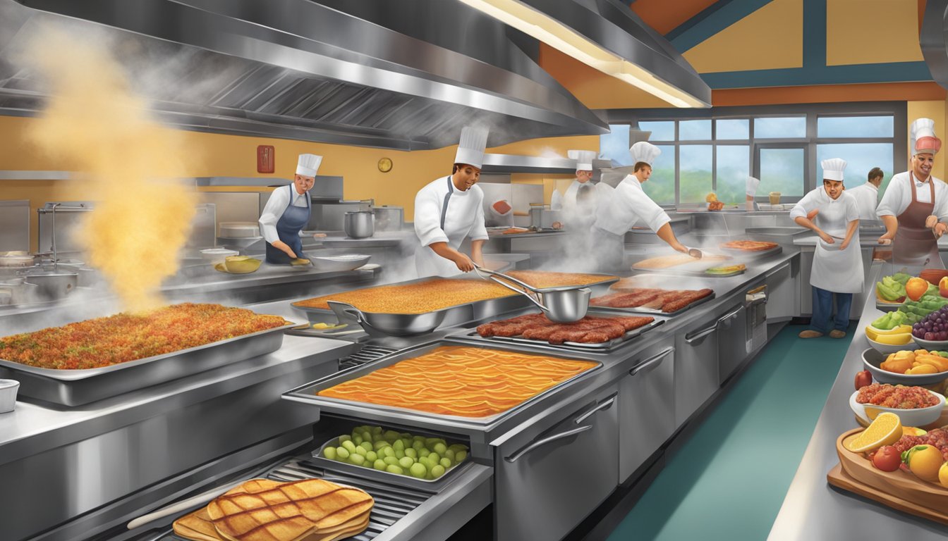 The bustling kitchen at Golden Corral, with steam rising from griddles and the aroma of sizzling bacon filling the air. A chef expertly flips pancakes while another prepares a colorful array of fresh fruit