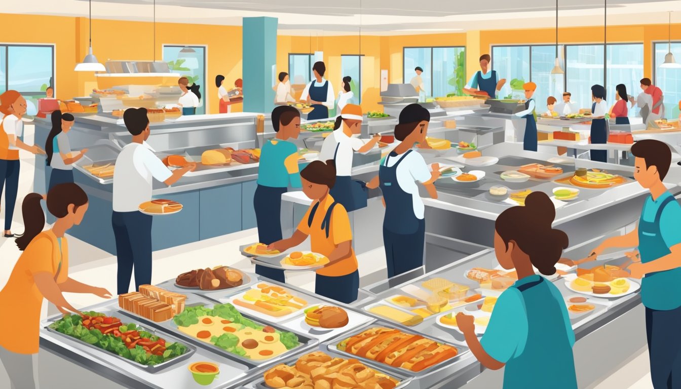 A bustling breakfast buffet with staff replenishing trays and cleaning tables, while customers enjoy their meals and take advantage of promotions and discounts