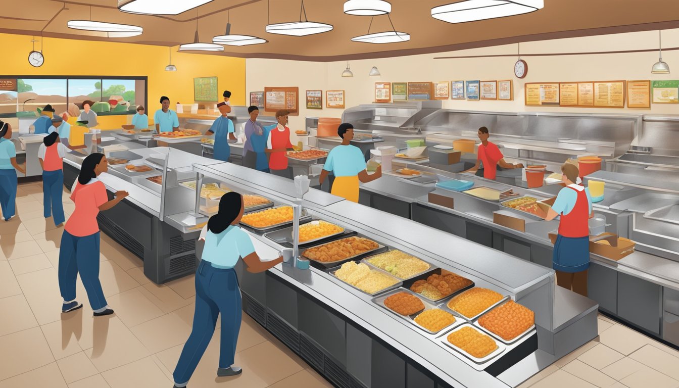 The bustling breakfast rush at Golden Corral, with staff serving and interacting with customers, while others clean and restock the buffet