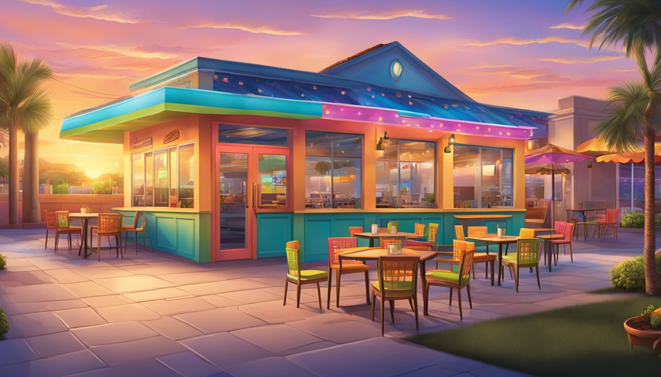 A colorful outdoor patio with a vibrant sunrise, a table set with tacos and margaritas, and a Taco Cabana storefront in the background