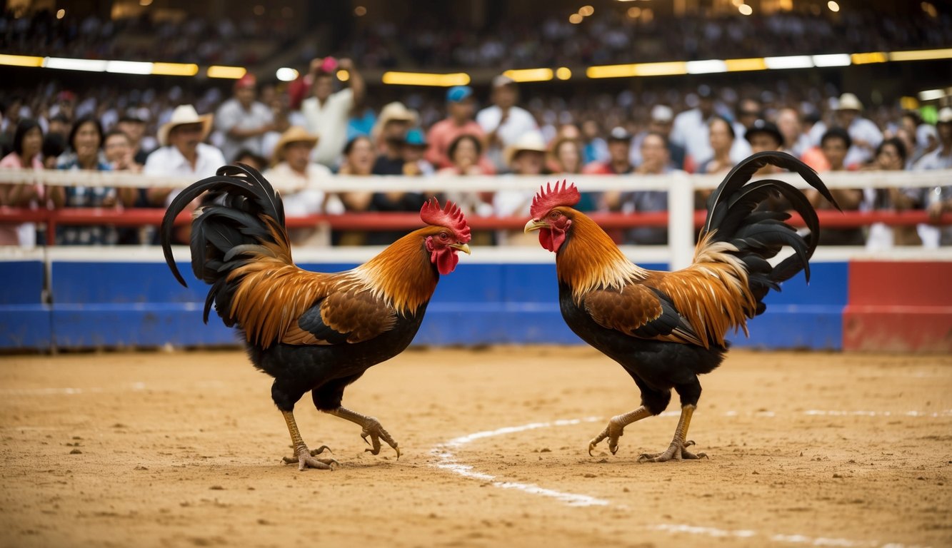 Sebuah arena yang ramai dengan dua ayam jantan berhadapan dalam pertandingan sabung ayam tradisional. Penonton bersorak dan memasang taruhan dari pinggir arena.