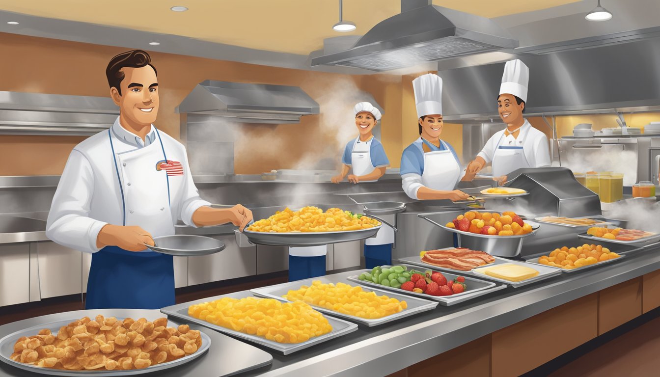 The breakfast staff at Golden Corral prepare a colorful array of fresh fruits, steaming hot pancakes, sizzling bacon, and fluffy scrambled eggs. The aroma of freshly brewed coffee fills the air as they diligently work to provide a hearty and nutritious start to the day