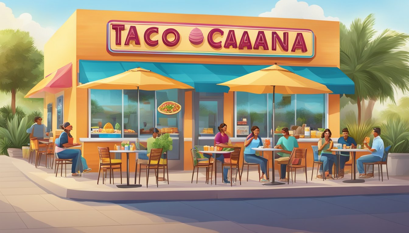 A colorful Taco Cabana storefront with a morning scene of breakfast margaritas being served alongside classic Texas staple dishes