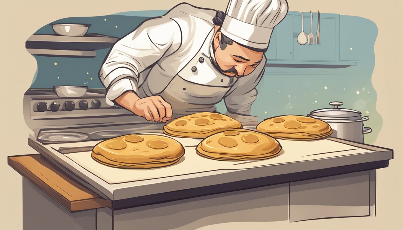 A chef presses a ball of dough between two flat surfaces, then cooks it on a hot griddle until it puffs up and develops golden brown spots