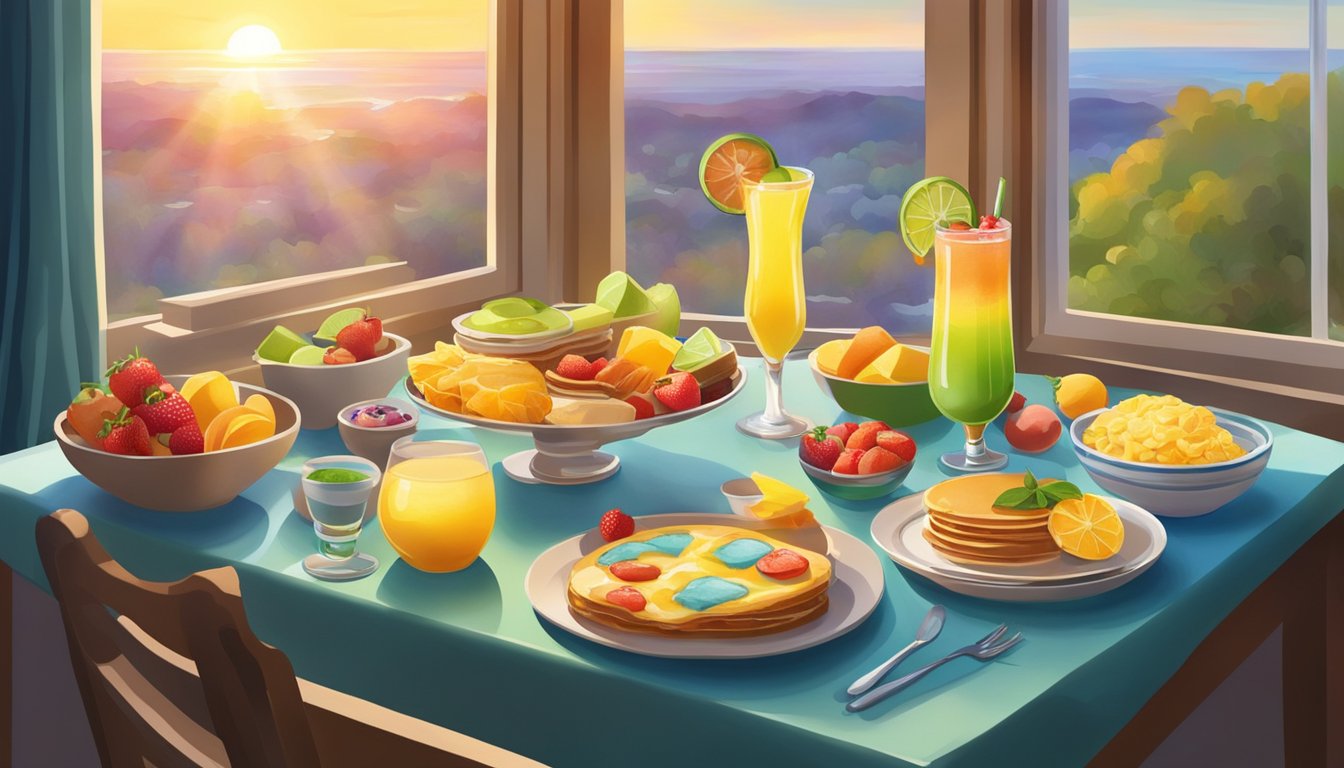 A table set with a variety of breakfast foods and a colorful margarita in a festive glass. Sunrise streaming through a window