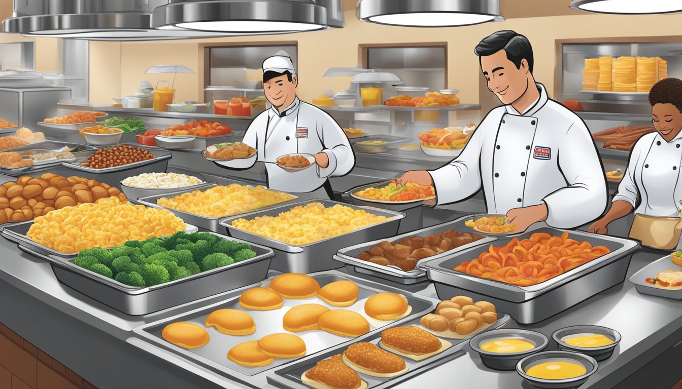 A bustling breakfast buffet with a wide array of fresh, high-quality food items being prepared and displayed by dedicated Golden Corral staff