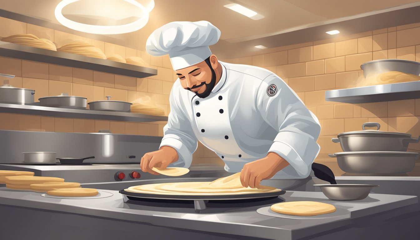 A chef expertly stretches and flips a ball of dough, creating a perfectly round flour tortilla on a hot griddle. The steam rises as it cooks to golden perfection