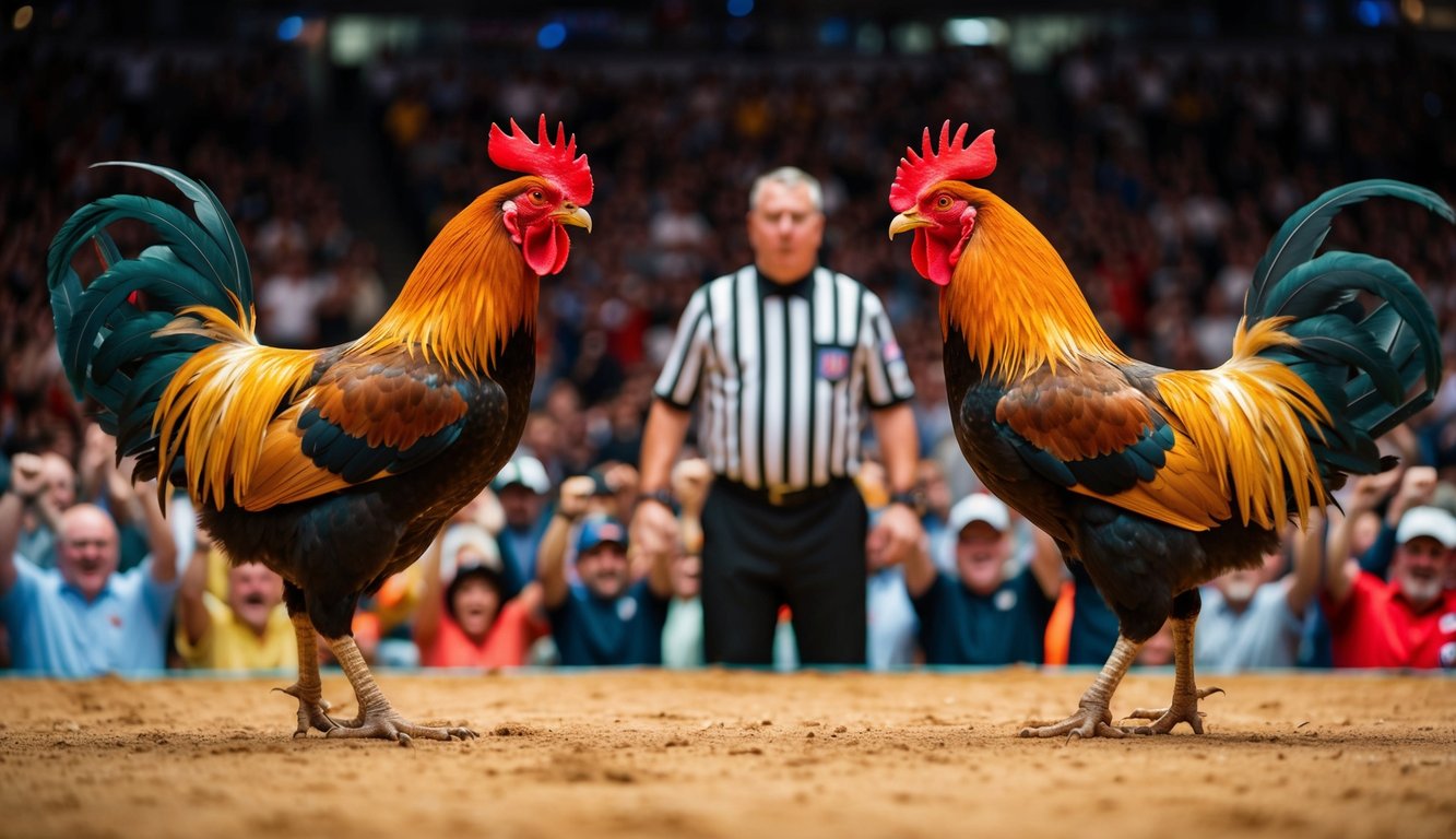 Dua ayam jantan berhadapan di arena yang ramai, dikelilingi oleh penonton yang bersorak dan seorang wasit di tengah.