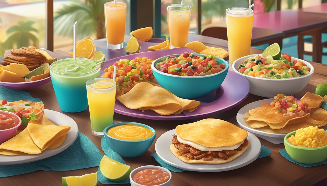 A vibrant breakfast scene with a variety of breakfast foods and margaritas on a table at Taco Cabana