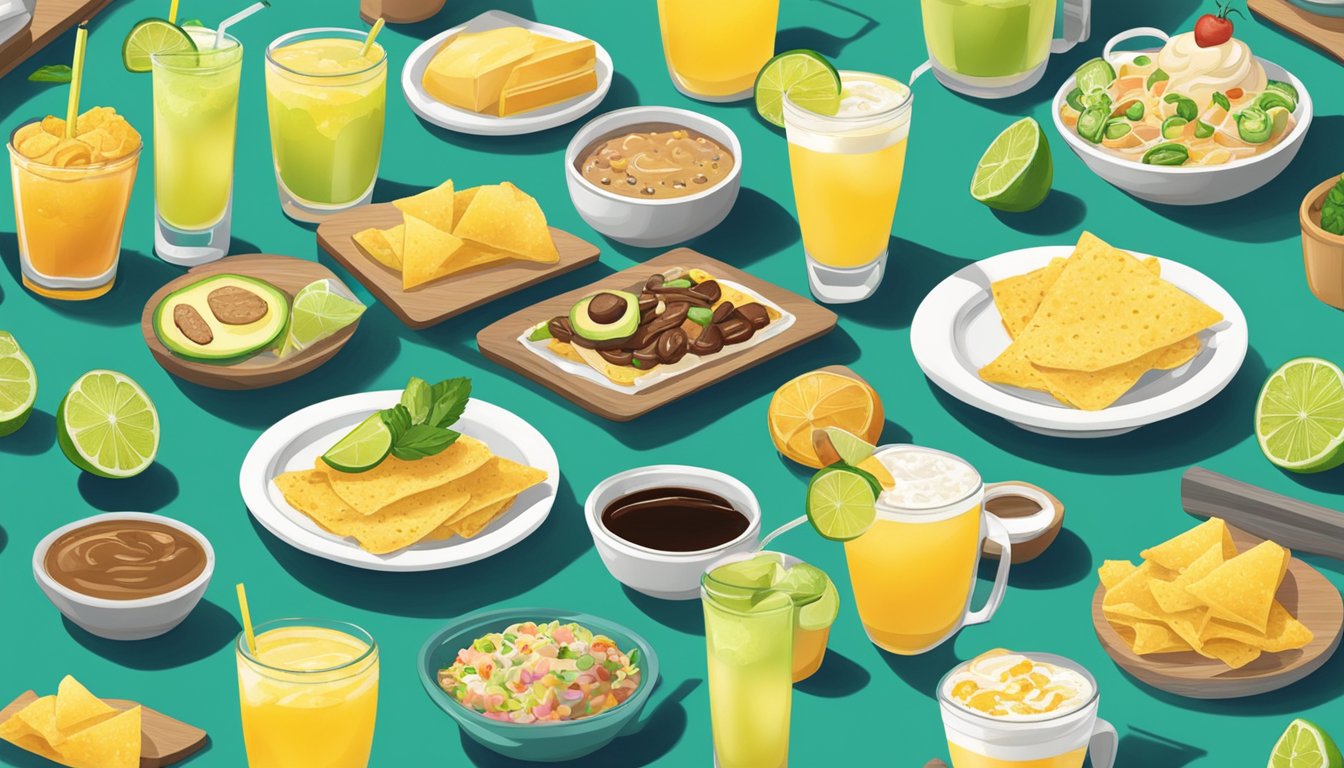 A table set with margaritas, coffee, and breakfast foods at Taco Cabana