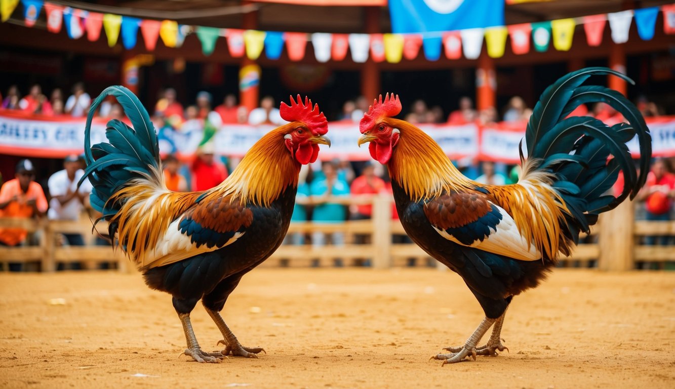 Dua ayam jantan berhadapan di arena sabung ayam tradisional, dikelilingi oleh penonton yang bersorak-sorai dan latar belakang berwarna-warni dari spanduk dan bendera