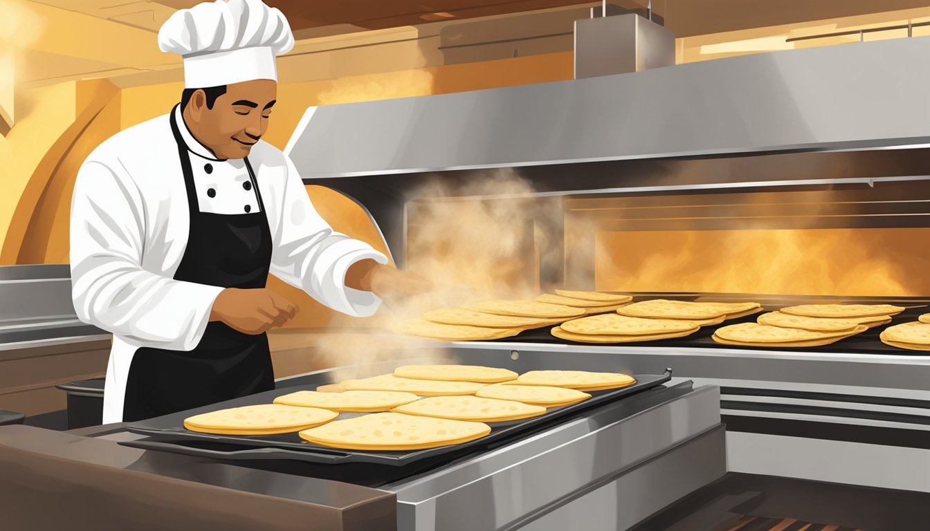 A chef expertly flips a flour tortilla on a sizzling grill at Taco Cabana, creating a perfect golden-brown hue. Steam rises as the tortilla cooks to perfection