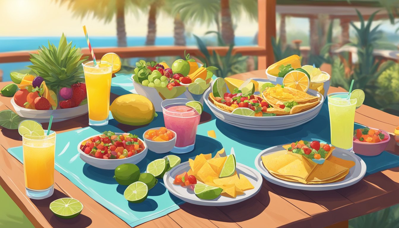 A colorful breakfast spread with tacos, fruit, and vibrant margaritas on a sunny patio