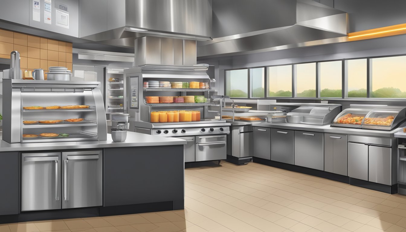 A modern kitchen with automated cooking equipment and digital order management system, efficiently serving breakfast at Golden Corral