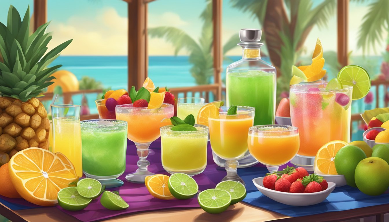 A colorful breakfast margarita bar set up with fresh fruit, juices, and tequila, surrounded by a festive and inviting atmosphere