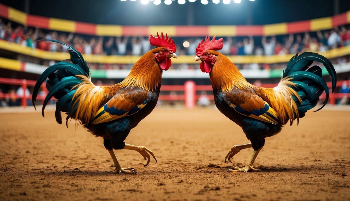 Sebuah arena sabung ayam yang hidup dengan penonton yang bersorak dan dua ayam jantan yang garang berhadapan di tengah