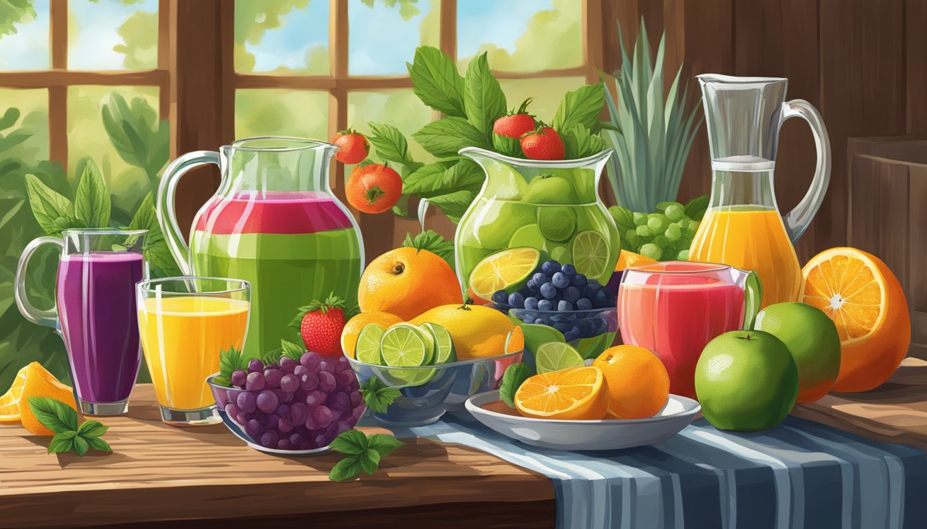 A colorful array of fresh fruits and herbs sit on a rustic wooden table, surrounded by vibrant margarita glasses and a pitcher of freshly squeezed juice