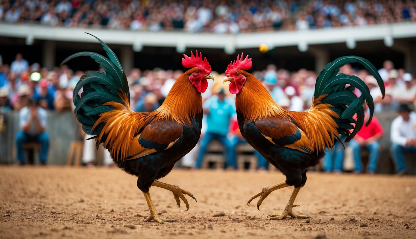 Sebuah arena luar ruangan yang ramai dengan dua ayam jantan bertarung sengit sementara para penonton bersorak dan memasang taruhan.