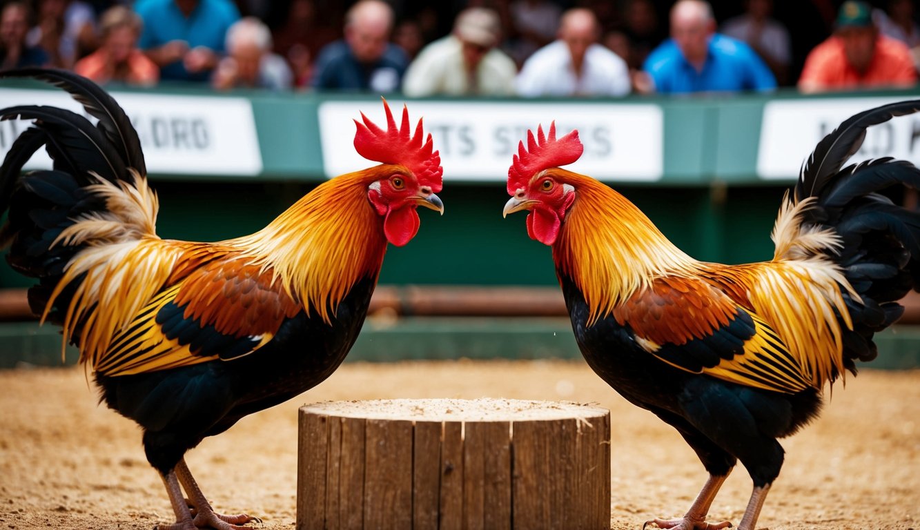 Dua ayam jantan berhadapan di arena yang ramai, bulu-bulu terangkat dan paruh siap menyerang. Penonton bersorak dan memasang taruhan saat pertarungan sengit dimulai.