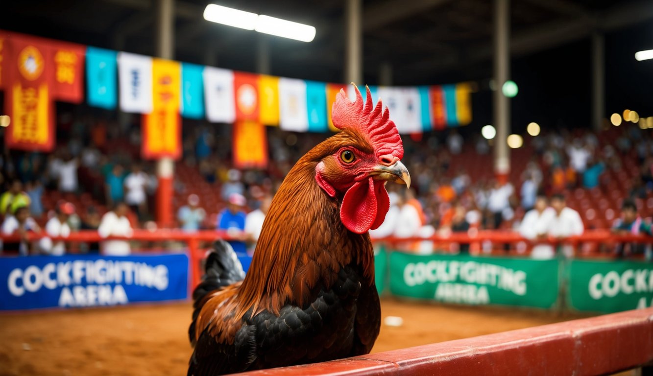 Sebuah arena sabung ayam yang meriah dengan spanduk berwarna-warni dan penonton yang bersemangat