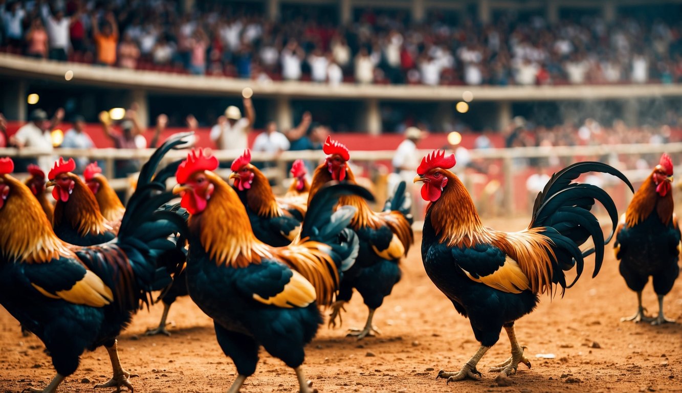 Arena sabung ayam yang ramai dengan penonton yang bersorak dan ayam jantan di tengah pertarungan yang sengit