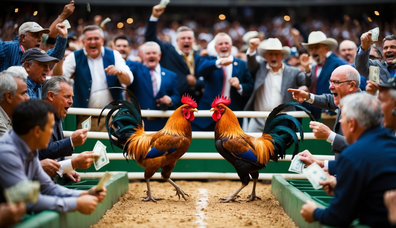 Sebuah arena yang ramai dengan penonton yang bersorak, dua ayam jantan terlibat dalam pertempuran, dikelilingi oleh para penjudi yang bertukar uang dan meneriakkan taruhan mereka