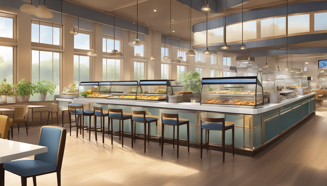 The morning sun streams through the windows, illuminating the bustling breakfast buffet. Self-serve stations and digital ordering kiosks create a modern dining experience