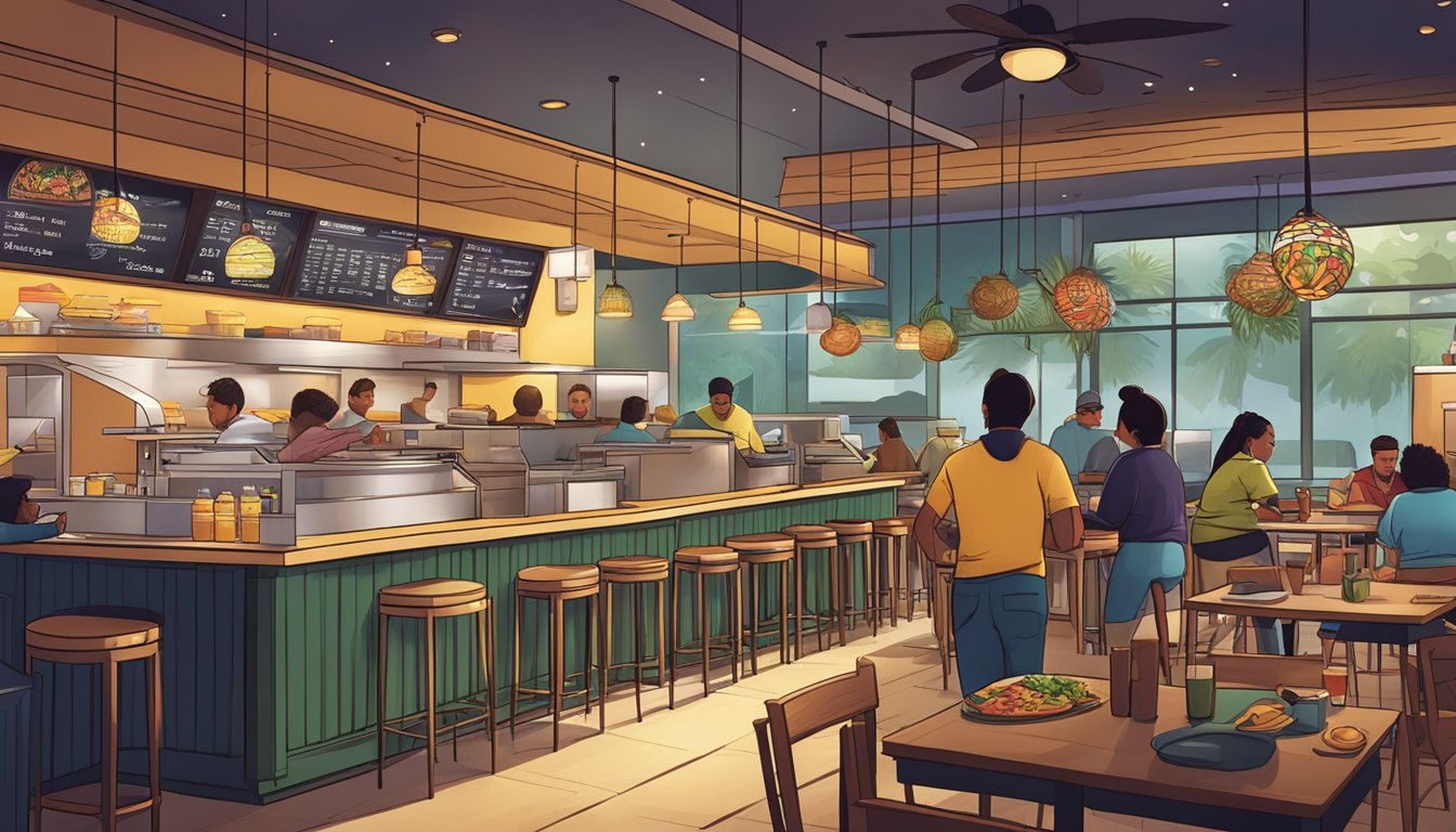 A bustling Taco Cabana restaurant at night, with customers enjoying breakfast options while staff prepare food and manage orders