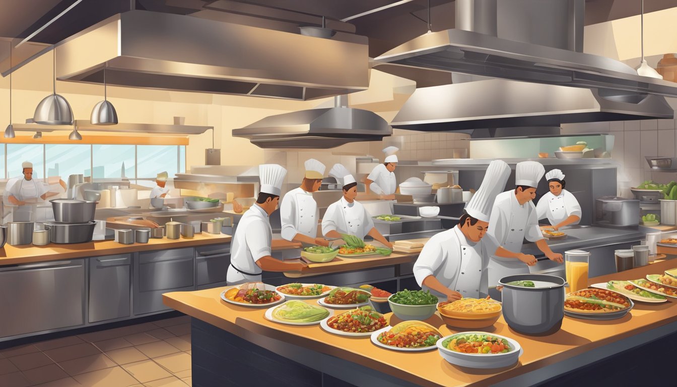 A bustling restaurant kitchen with chefs preparing a variety of innovative breakfast dishes, including tacos, burritos, and other Mexican-inspired items