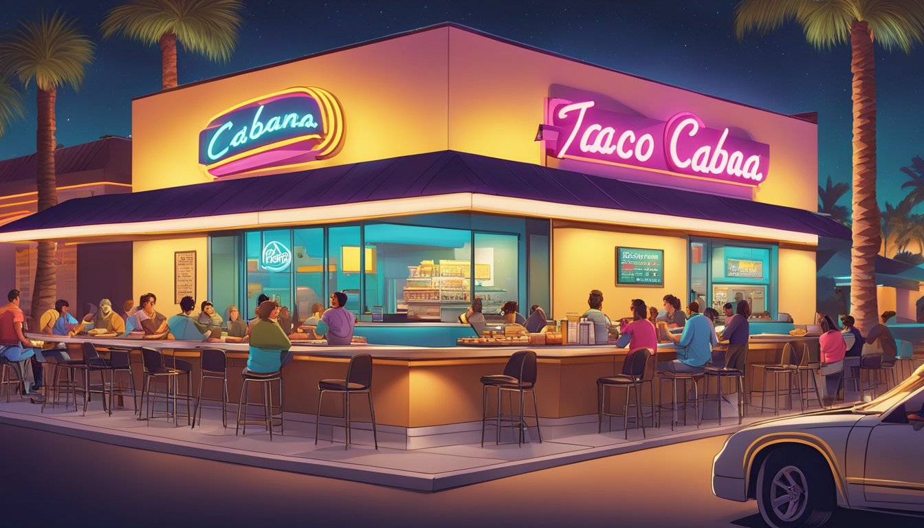 A bustling Taco Cabana restaurant at night, with customers enjoying breakfast items under bright lights and a neon sign