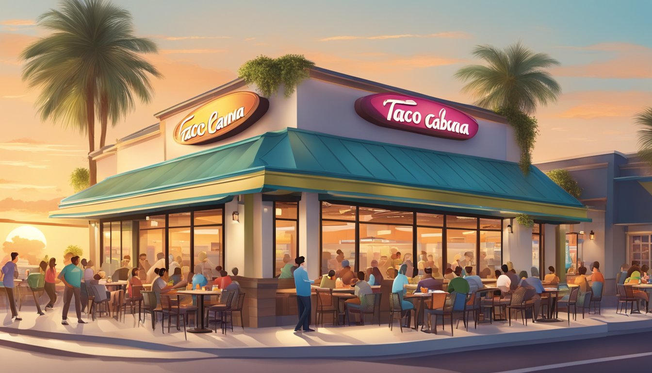 A bustling Taco Cabana restaurant at sunrise, with a diverse crowd enjoying the expanded breakfast menu. Outdoor seating and drive-thru accessible