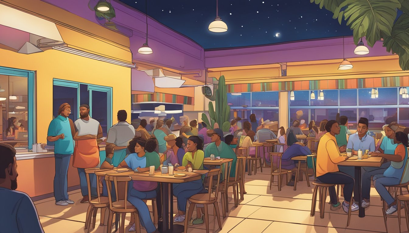 The scene is a bustling Taco Cabana restaurant at night, with a brightly lit interior and a line of customers waiting to order all-night breakfast items. Tables and chairs are filled with patrons enjoying their meals