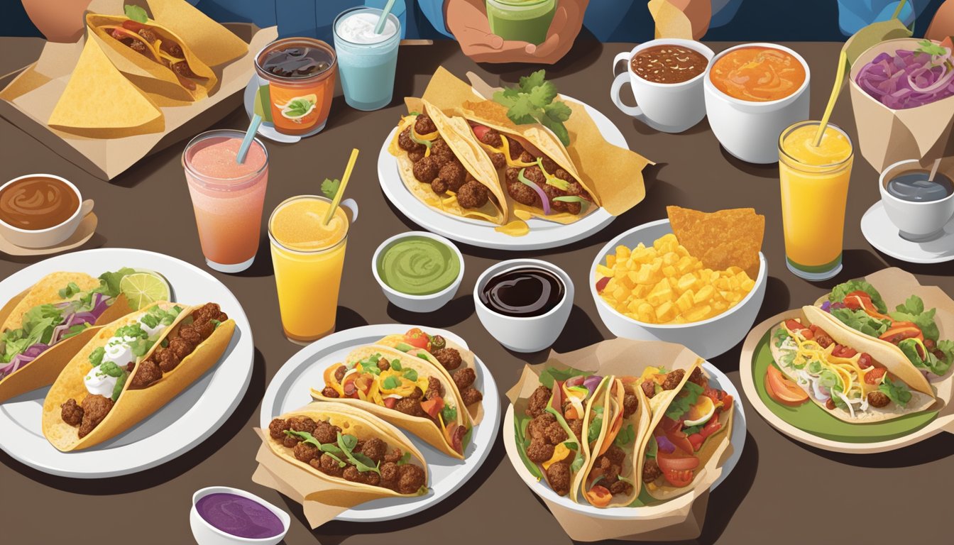 A bustling breakfast scene at Taco Cabana, with a colorful array of regional flavors on display, including sizzling breakfast tacos and steaming cups of coffee