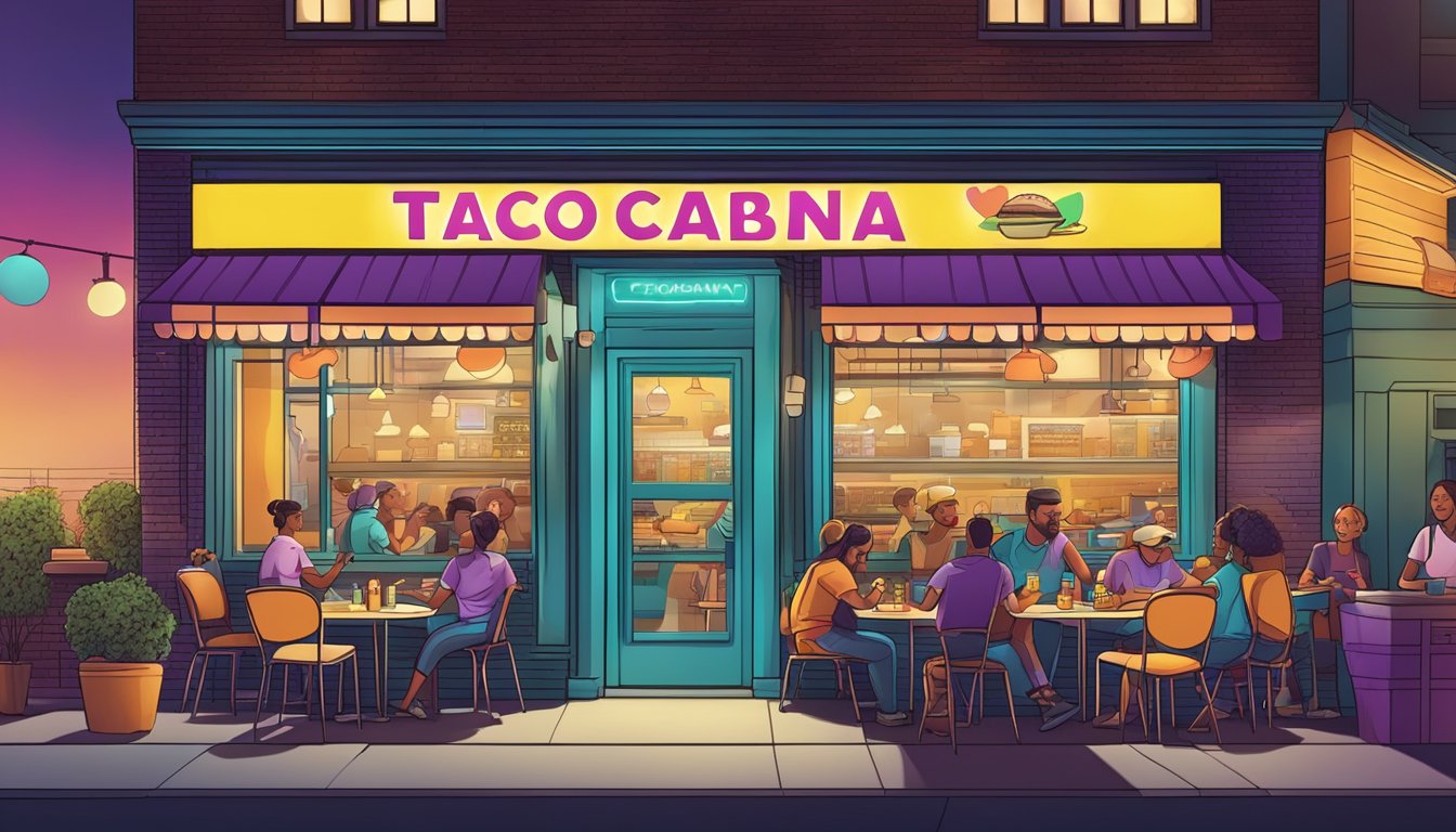 A colorful Taco Cabana storefront with a glowing "All-Night Breakfast" sign, surrounded by bustling late-night activity and a line of hungry customers