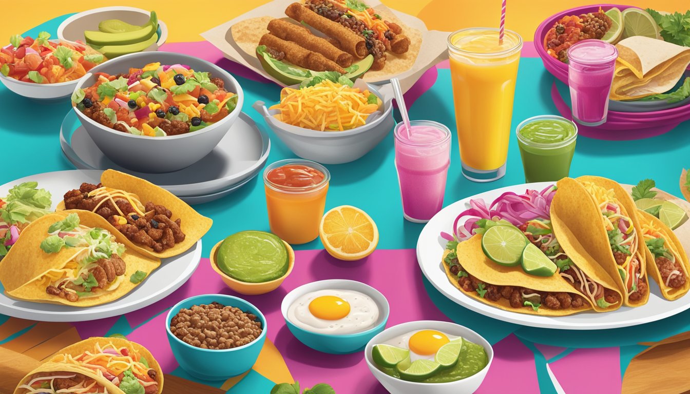 A colorful array of breakfast items, from tacos to burritos, are displayed on a vibrant background, showcasing the evolution of Taco Cabana's marketing campaigns