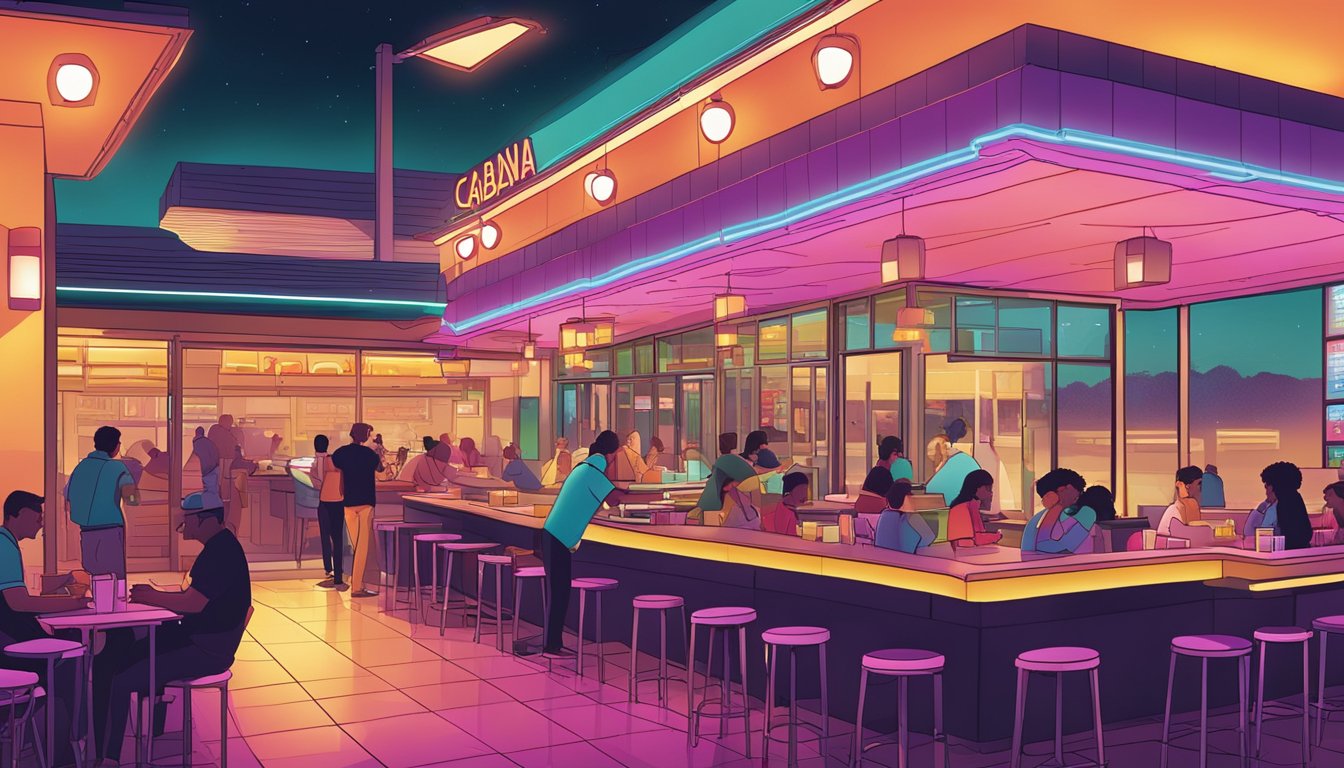 The bustling Taco Cabana restaurant at night, with customers enjoying breakfast items under the glow of neon lights, while staff members work diligently to keep up with the demand