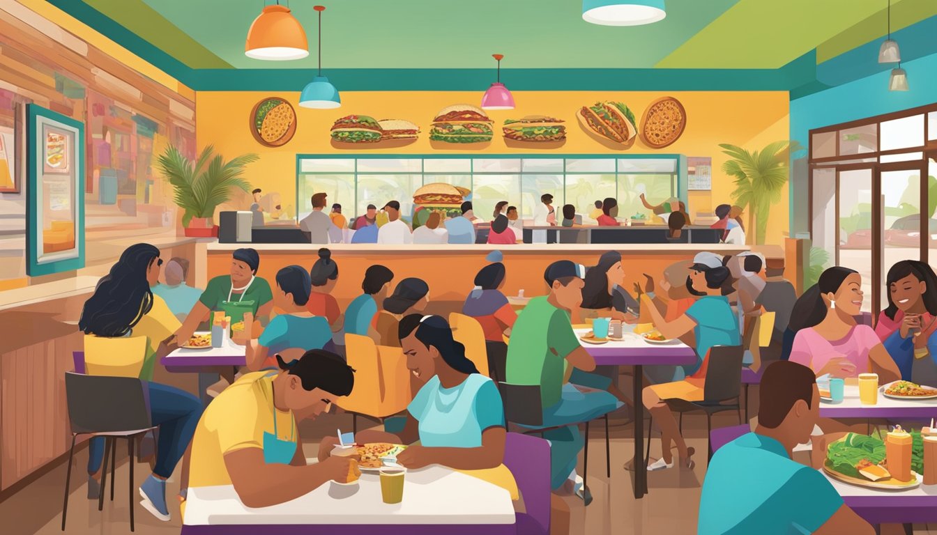 A bustling Taco Cabana restaurant with diverse customers enjoying breakfast items, while colorful decor and cultural symbols adorn the walls