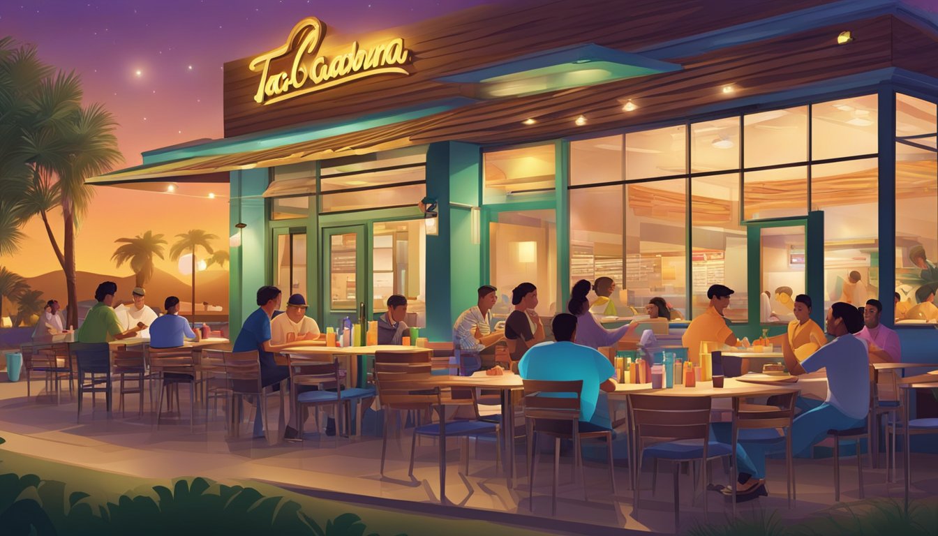 A bustling Taco Cabana restaurant at night, with a warm and inviting atmosphere, filled with satisfied customers enjoying their all-night breakfast