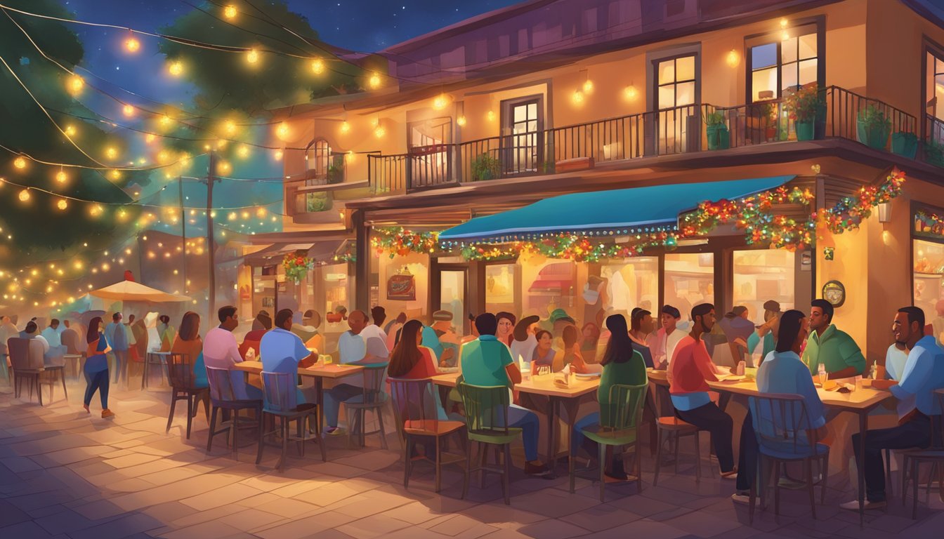 A colorful, bustling Tex-Mex restaurant with a welcoming outdoor patio, adorned with festive lights and filled with happy diners enjoying delicious food