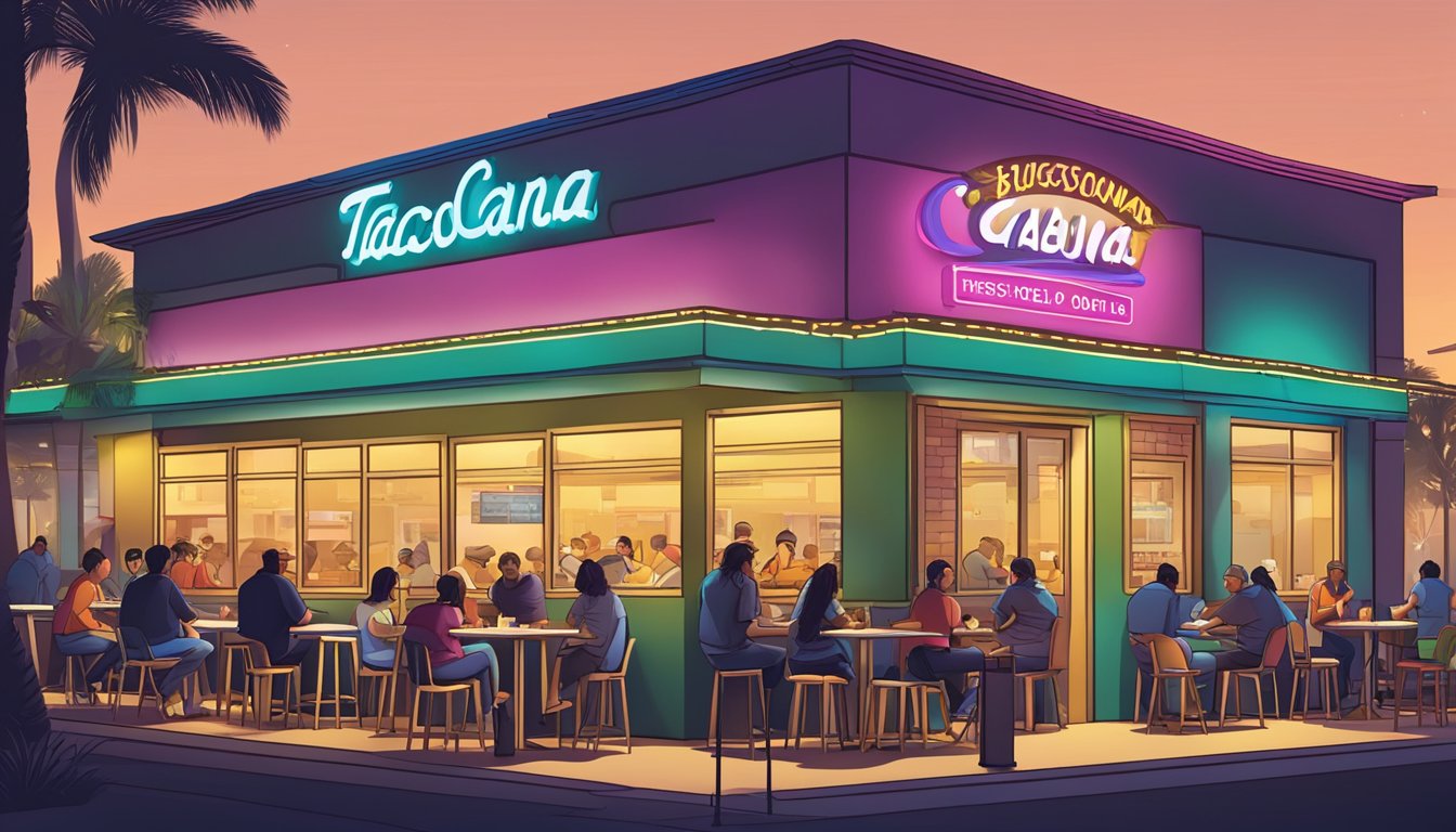 A bustling Taco Cabana restaurant at night, with a colorful outdoor sign and a line of customers waiting for all-night breakfast offerings