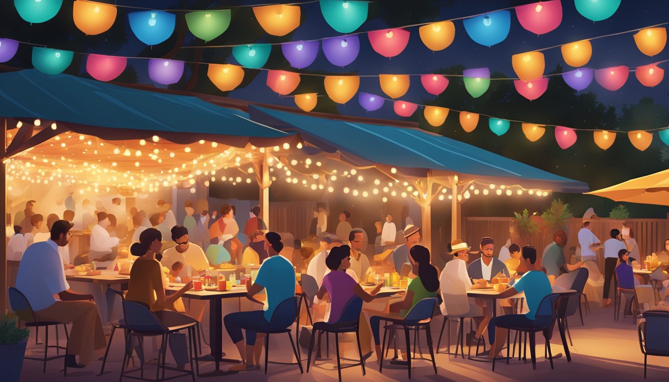 A bustling outdoor patio with colorful umbrellas, sizzling grills, and families enjoying Tex-Mex cuisine under the warm glow of string lights