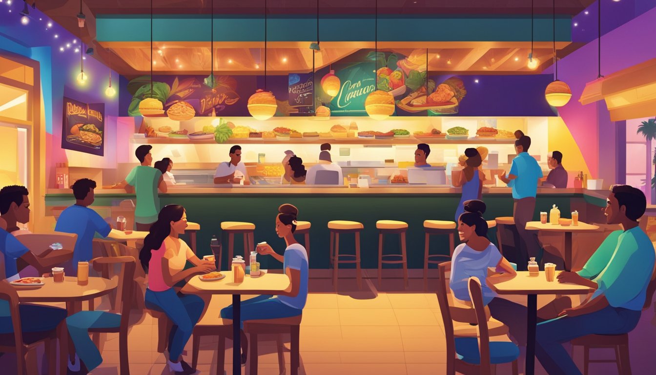 A bustling Taco Cabana restaurant at night, with customers enjoying breakfast items under bright lights and a colorful, inviting atmosphere